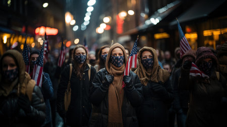 Crowds of people protest in Manhattan, NYCの素材
