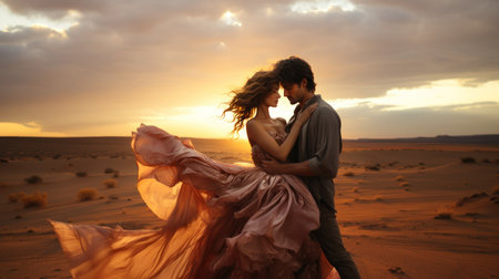 Romantic couple in the desert at sunset. Man and woman in the desert.の素材