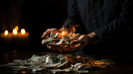 Man holding money with burning candle on dark background. Concept of business, finance, savings.の素材