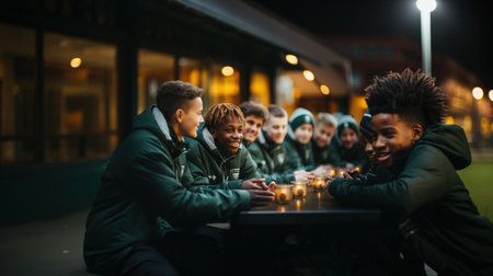 Group of young people playing board game in the street at night.の素材