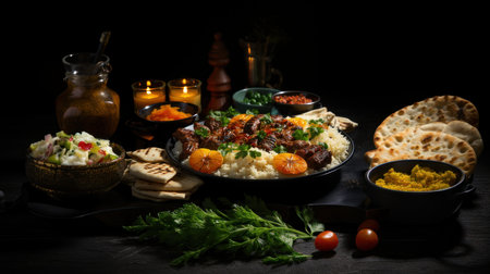 Traditional turkish pilaf with meat, rice and vegetables on dark backgroundの素材