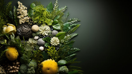 Floral arrangement on dark background with copy space. Top view.の素材