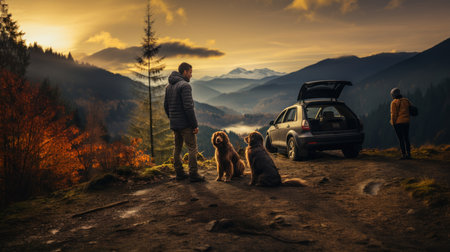 A man with a dog and a car in the mountains at sunsetの素材