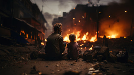 Man and his little daughter sitting on the ground and looking at the fire.の素材