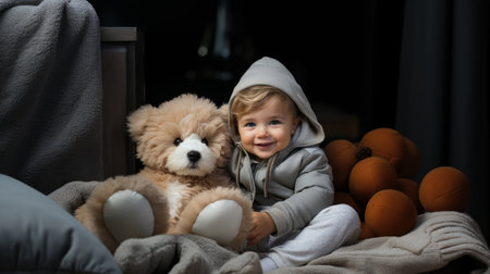 Cute little boy playing with teddy bear and eggs at homeの素材
