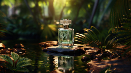 Perfume bottle on stone in tropical garden. 3d renderingの素材
