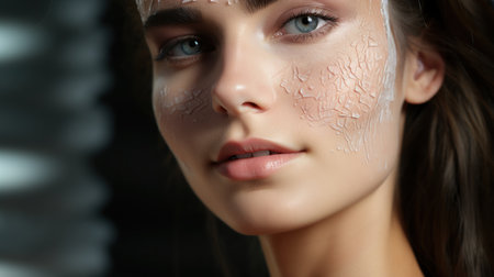 Beautiful young woman with cosmetic mask on her face, closeupの素材