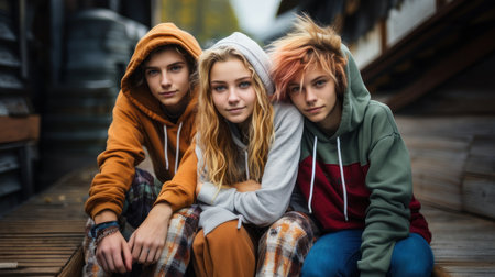 Portrait of three teenagers sat together, looking at camera while sitting on abandoned place. Difficult and problematic adolescenceの素材