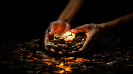Close up of man hands holding gold coin on dark background with light. Finance, investment and save money concept.の素材