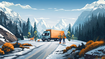 Vector illustration of a truck and people on the road in snowy mountains. Cargo delivery transportation in difficult conditions.の素材