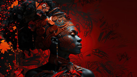 Beautiful black woman art portrait in red style. Afro beauty.の素材