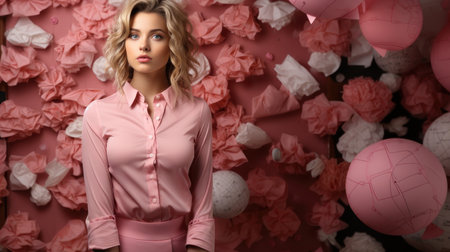 Blonde woman in pink shirt against crumpled paper background wall.の素材