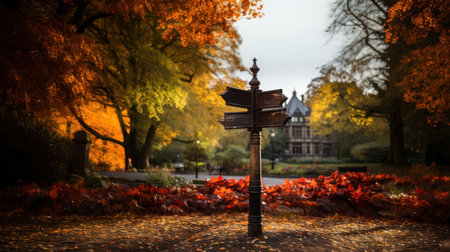 Crossroad signpost way, wooden arrow direction road signs in autumn park road.の素材