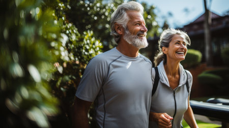 Mature middle aged senior couple running together, while jogging slimming exercises and training workout.の素材