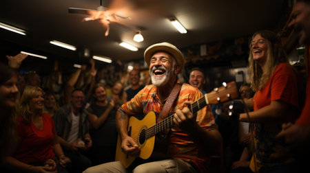 Senior man playing guitar in a pub with a group of friends.の素材