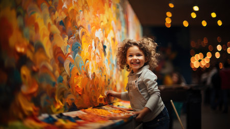 Cute little boy painting in art studio. Happy child having fun in art school.の素材