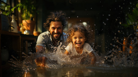 Father and daughter playing in water fountain at home. Happy family having fun together.の素材