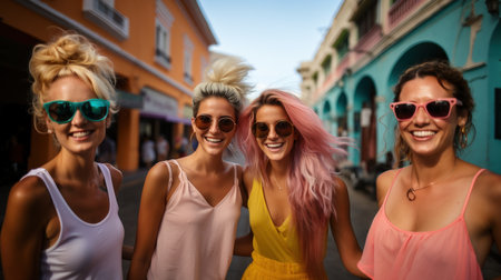 summer holidays, vacation, travel and people concept - group of smiling young women in sunglasses walking on city streetの素材