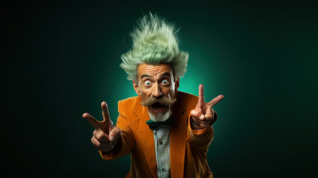 Funny old man with green hair in orange jacket on dark backgroundの素材