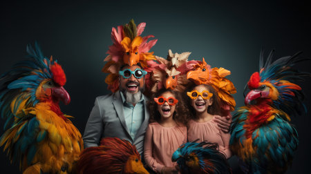Portrait of a happy family in carnival masks over dark background.の素材