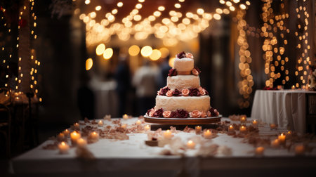 Wedding cake with berries and candles on a table in a restaurantの素材