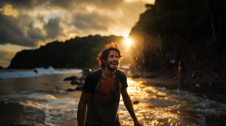 Young man having fun on the beach at sunset in Bali, Indonesiaの素材
