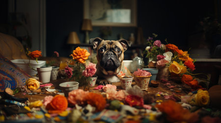 Pug dog sitting in front of a table full of flowers.の素材