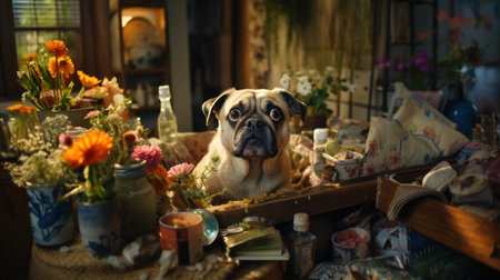 Cute pug dog sitting in living room with flowers and toysの素材