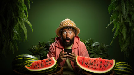 Surprised man with mobile phone and watermelon on green backgroundの素材