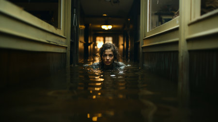 Young woman in a puddle of water at night in a dark roomの素材