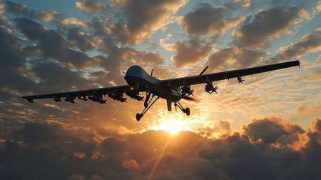 Airplane in the sky at sunset. 3d render illustration.の素材