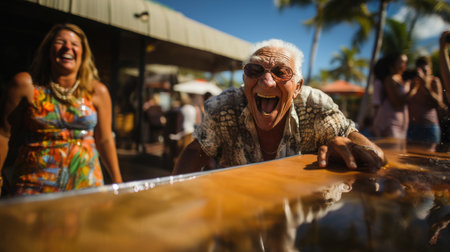 Elderly man having fun in a hot tub at a beach partyの素材