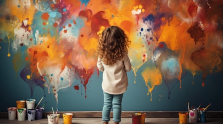 Cute little girl painting with colorful watercolors on a wallの素材