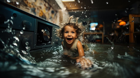 Cute little girl having fun in the bathtub and splashing waterの素材