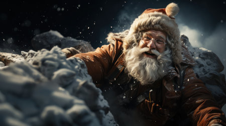Portrait of santa claus with snow on his face at nightの素材
