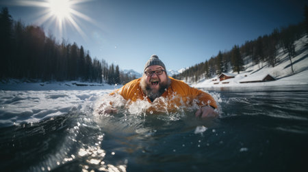 Man swimming in a frozen lake in the mountains. Winter landscape.の素材