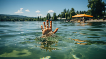 Child drowning in the water. Selective focus on the hand.の素材