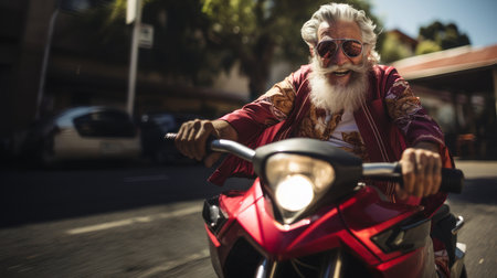 Portrait of senior man in sunglasses riding his motorbike on the streetの素材