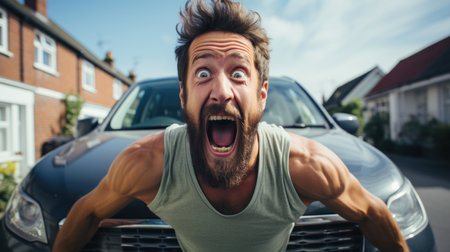 Young man is angry with his car. He is in front of his car.の素材