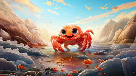 cartoon scene with crab swimming in the sea - illustration for childrenの素材