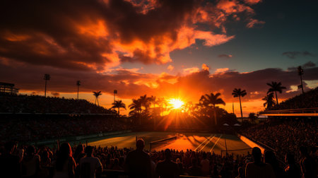 Silhouette of a large crowd at a soccer stadium during sunsetの素材