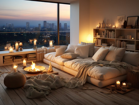 Photo pour Interior design of modern living room with sofa, candles, coffee table and bookshelf. - image libre de droit