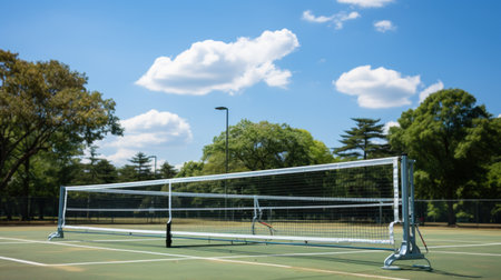 Tennis court with net and blue sky in the background, soft focusの素材