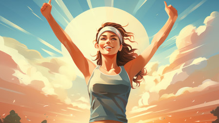 Happy sporty woman with raised hands on sunset background. Sport and healthy lifestyle concept.の素材