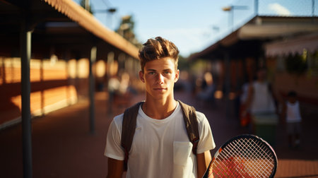 Portrait of a young male tennis player standing on tennis court.の素材