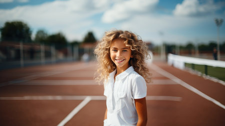 Portrait of a smiling girl with curly hair on the tennis courtの素材