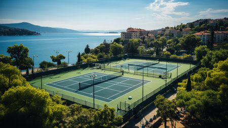 Tennis court on the background of Lake Garda, Italy.の素材