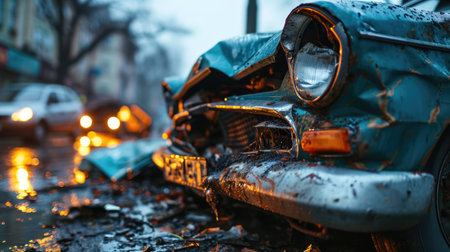 Crashed car on the street in the city at night. Car accidentの素材