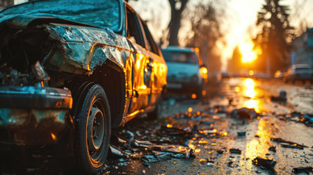 Car accident on the road. Accident in the city at sunset.の素材