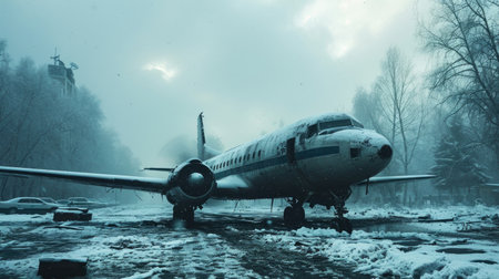 Abandoned airplane in the snow in fog.の素材